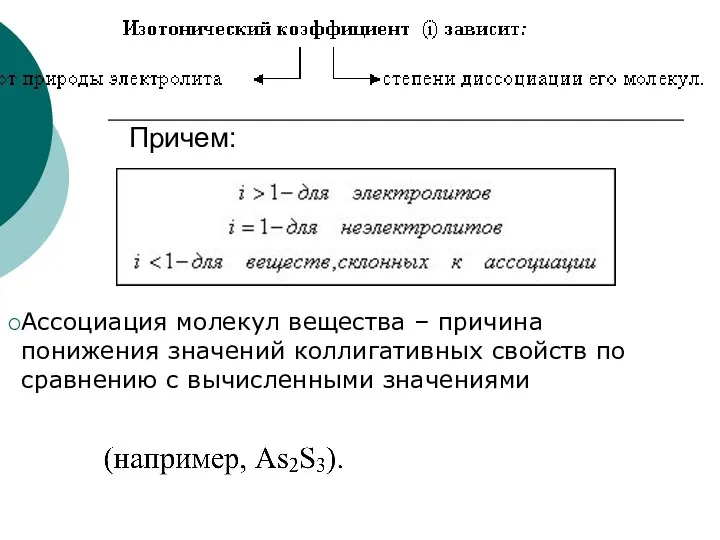 Причем: Ассоциация молекул вещества – причина понижения значений коллигативных свойств по сравнению с вычисленными значениями