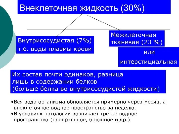 Внеклеточная жидкость (30%) Межклеточная тканевая (23 %) Внутрисосудистая (7%) т.е.