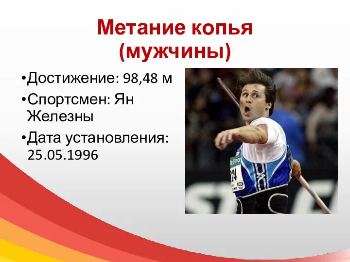 Метание копья (мужчины) Достижение: 98,48 м Спортсмен: Ян Железны Дата установления: 25.05.1996