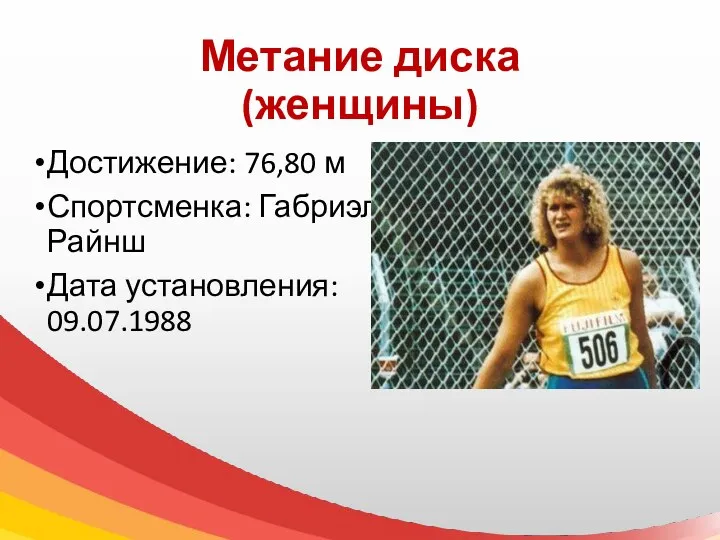 Метание диска (женщины) Достижение: 76,80 м Спортсменка: Габриэла Райнш Дата установления: 09.07.1988