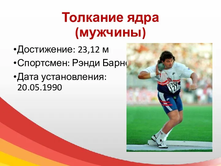 Толкание ядра (мужчины) Достижение: 23,12 м Спортсмен: Рэнди Барнс Дата установления: 20.05.1990