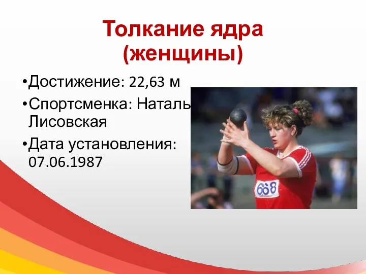 Толкание ядра (женщины) Достижение: 22,63 м Спортсменка: Наталья Лисовская Дата установления: 07.06.1987