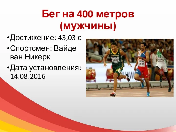 Бег на 400 метров (мужчины) Достижение: 43,03 с Спортсмен: Вайде ван Никерк Дата установления: 14.08.2016