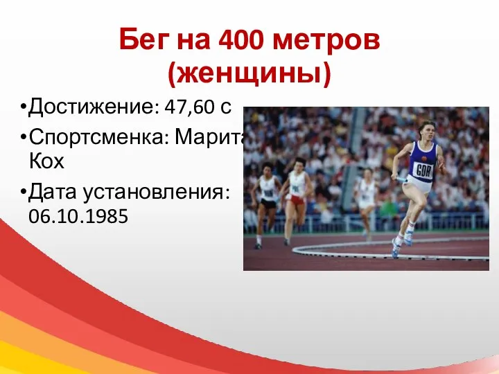 Бег на 400 метров (женщины) Достижение: 47,60 с Спортсменка: Марита Кох Дата установления: 06.10.1985