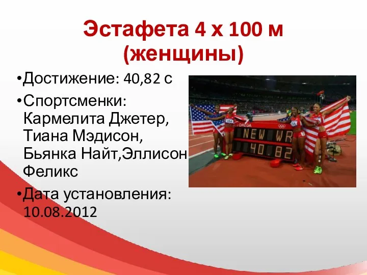 Эстафета 4 х 100 м (женщины) Достижение: 40,82 с Спортсменки: