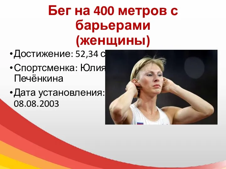 Бег на 400 метров с барьерами (женщины) Достижение: 52,34 с Спортсменка: Юлия Печёнкина Дата установления: 08.08.2003