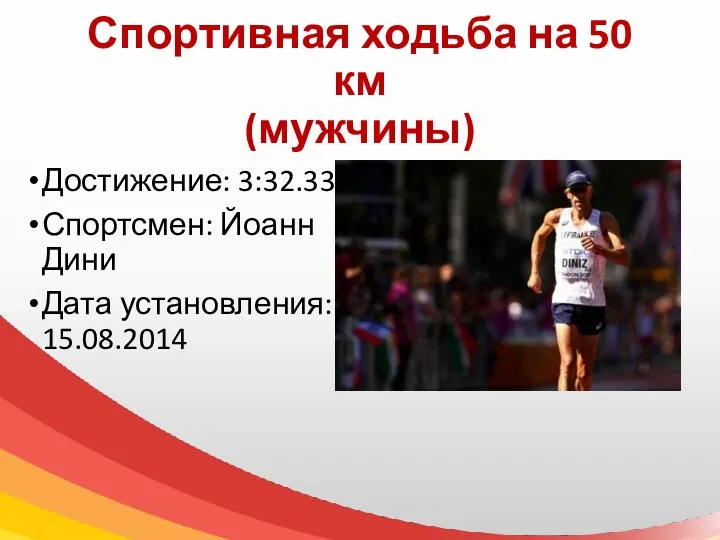 Спортивная ходьба на 50 км (мужчины) Достижение: 3:32.33 Спортсмен: Йоанн Дини Дата установления: 15.08.2014