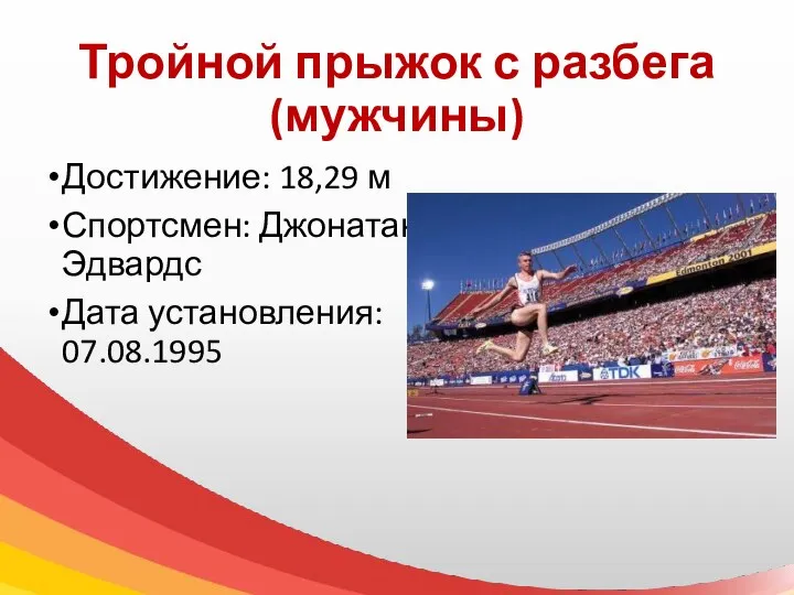 Тройной прыжок с разбега (мужчины) Достижение: 18,29 м Спортсмен: Джонатан Эдвардс Дата установления: 07.08.1995