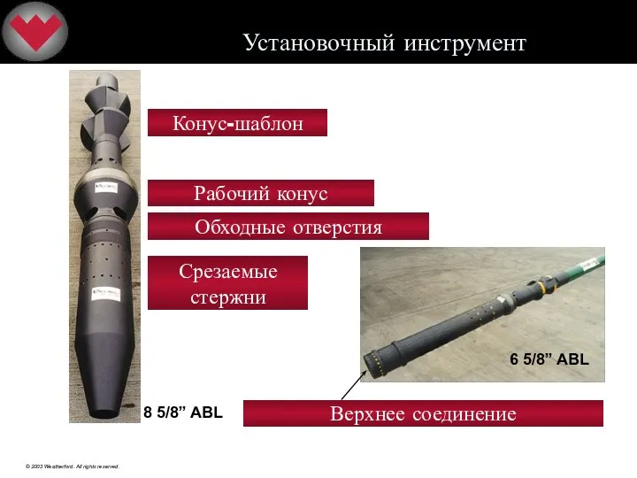 Обходные отверстия Конус-шаблон Рабочий конус Срезаемые стержни 6 5/8” ABL