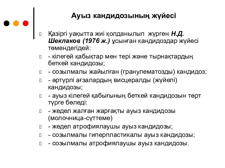 Ауыз кандидозының жүйесі Қазіргі уақытта жиі қолданылып жүрген Н.Д.Шеклаков (1976