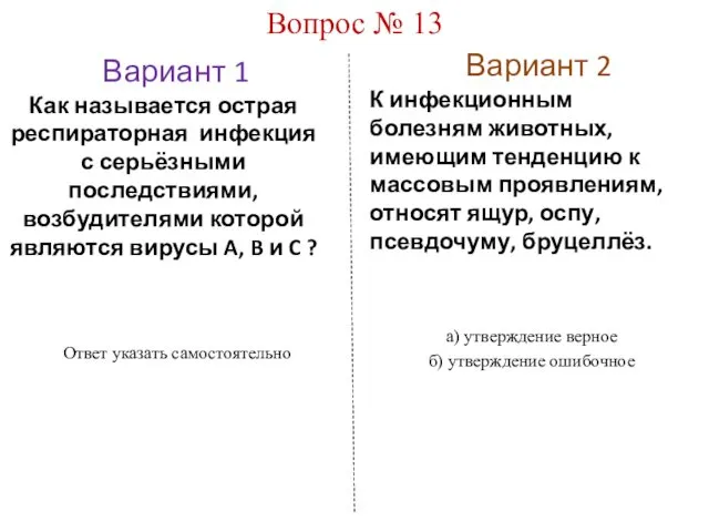 Вариант 1 Вариант 2 Вопрос № 13 Как называется острая респираторная инфекция с