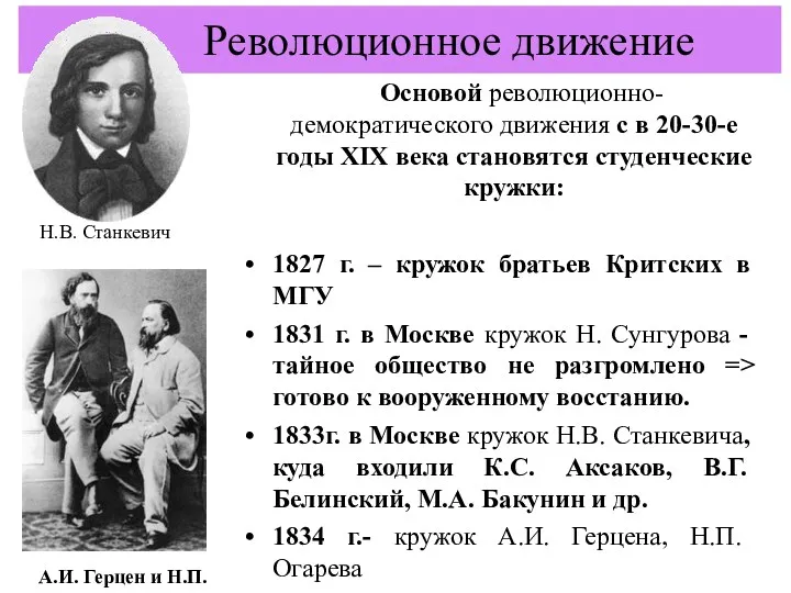 Основой революционно-демократического движения с в 20-30-е годы XIX века становятся студенческие кружки: 1827