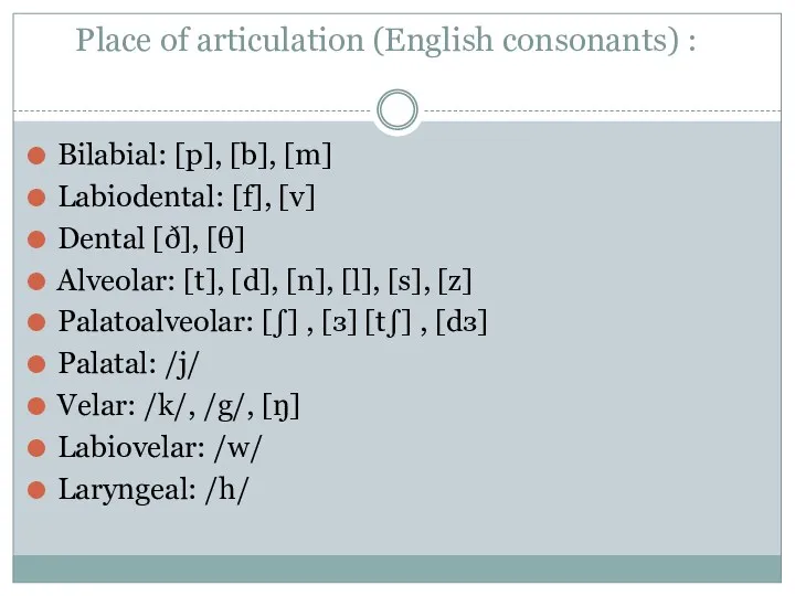 Place of articulation (English consonants) : Bilabial: [p], [b], [m]