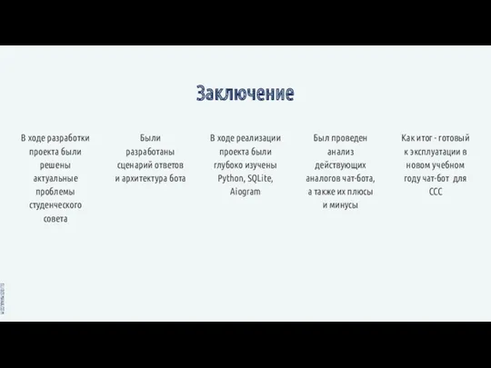 Заключение Были разработаны сценарий ответов и архитектура бота В ходе реализации проекта были