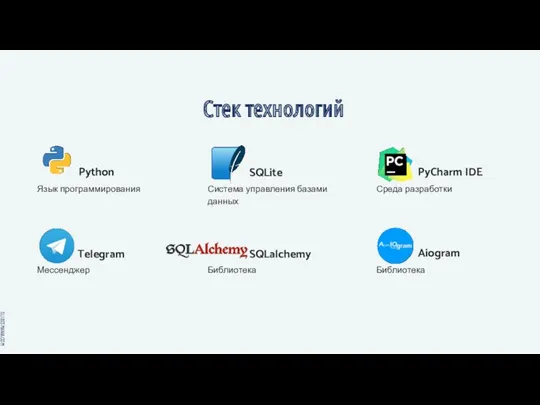 Стек технологий Python Библиотека Telegram Язык программирования PyCharm IDE Мессенджер SQLite SQLalchemy Aiogram