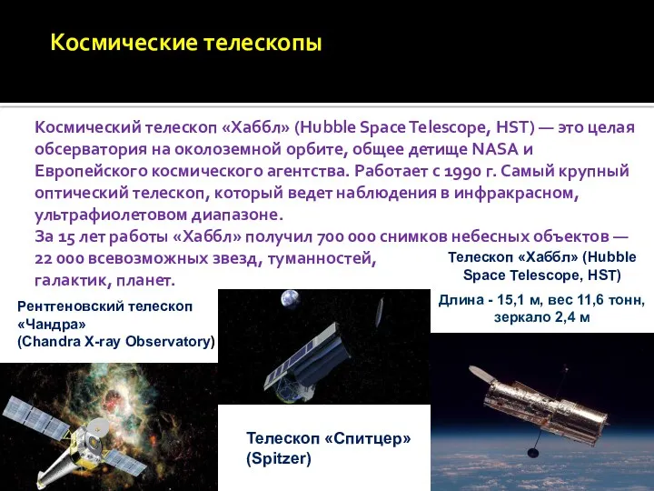 Космические телескопы Космический телескоп «Хаббл» (Hubble Space Telescope, HST) —