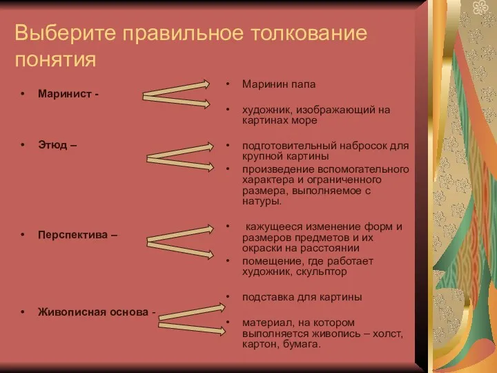 Выберите правильное толкование понятия Маринист - Этюд – Перспектива –