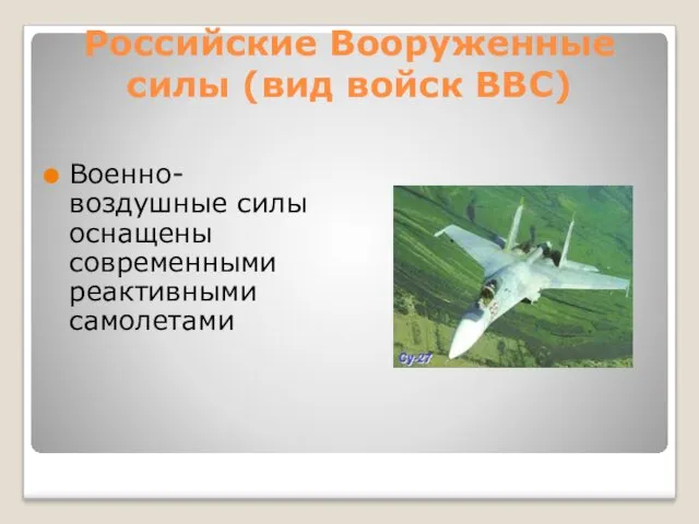 Российские Вооруженные силы (вид войск ВВС) Военно-воздушные силы оснащены современными реактивными самолетами