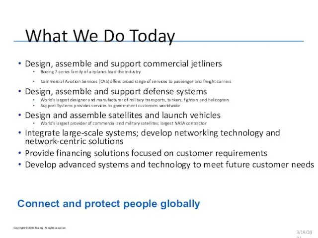 What We Do Today Design, assemble and support commercial jetliners Boeing 7-series family