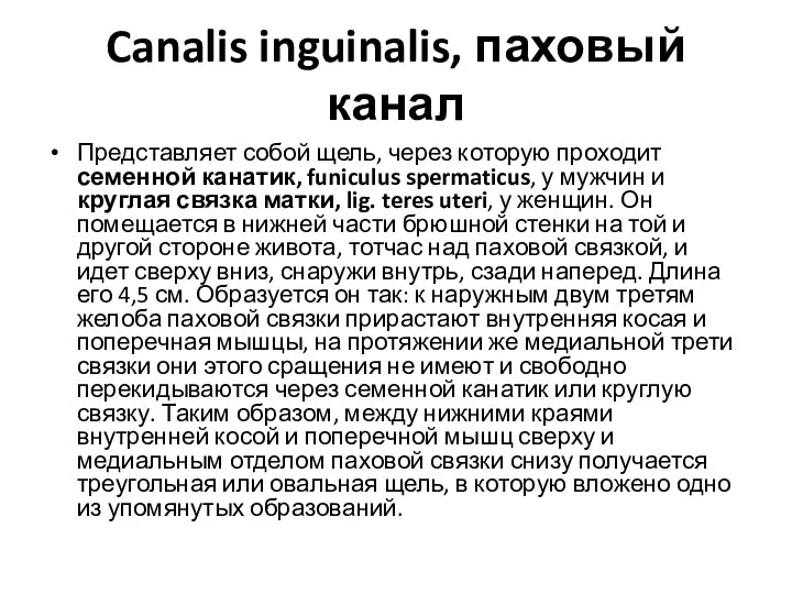 Canalis inguinalis, паховый канал Представляет собой щель, через которую проходит
