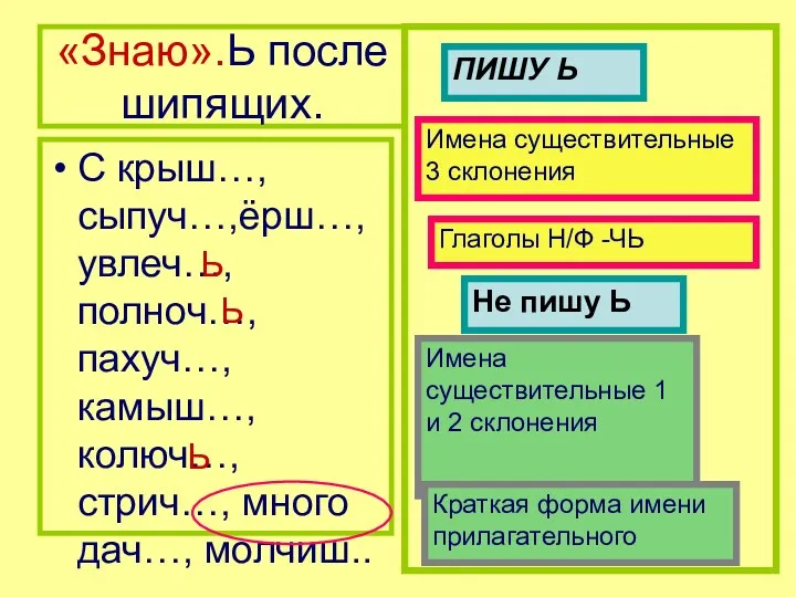 «Знаю».Ь после шипящих. С крыш…, сыпуч…,ёрш…, увлеч…, полноч…,пахуч…, камыш…, колюч…,