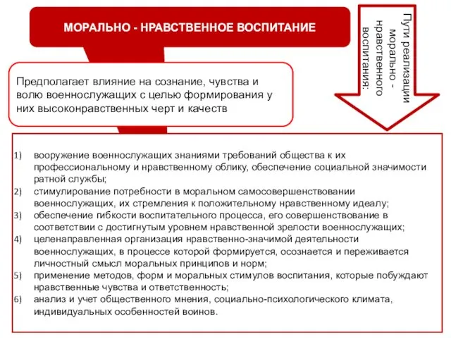 МОРАЛЬНО - НРАВСТВЕННОЕ ВОСПИТАНИЕ Предполагает влияние на сознание, чувства и волю военнослужащих с