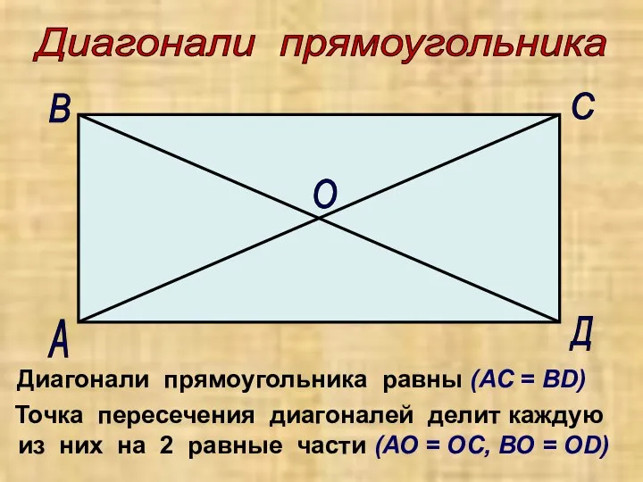 Диагонали прямоугольника равны (АС = ВD) Точка пересечения диагоналей делит