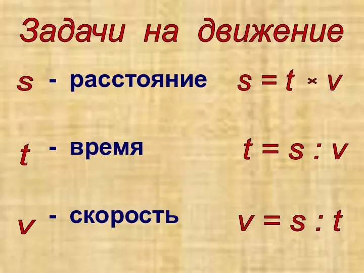 - расстояние - время - скорость Задачи на движение s