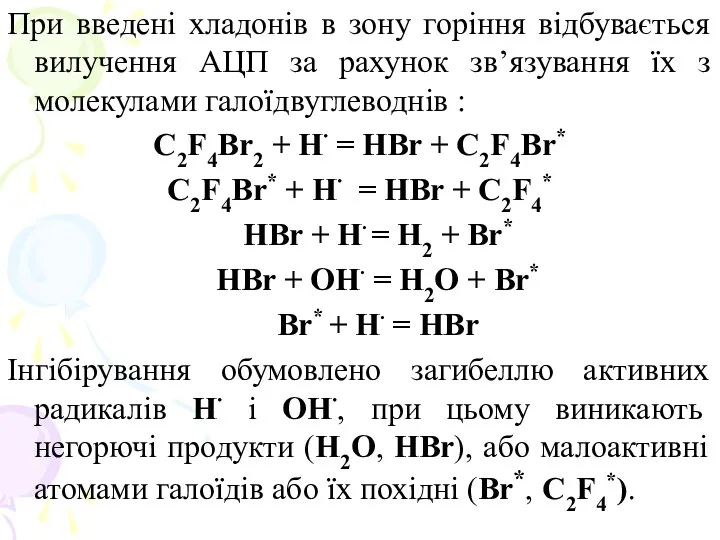 При введені хладонів в зону горіння відбувається вилучення АЦП за