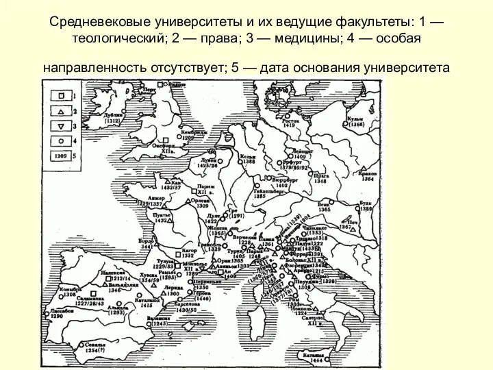 Средневековые университеты и их ведущие факультеты: 1 — теологический; 2