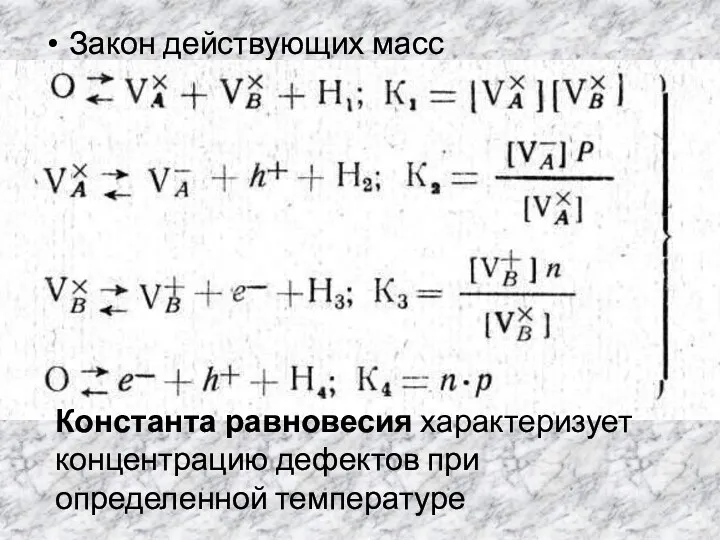 Закон действующих масс Константа равновесия характеризует концентрацию дефектов при определенной температуре