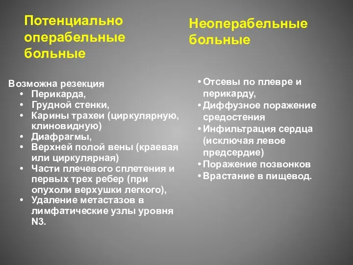 Потенциально операбельные больные Неоперабельные больные Возможна резекция Перикарда, Грудной стенки,