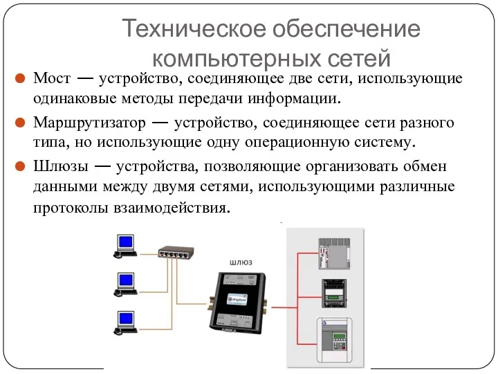 Техническое обеспечение компьютерных сетей Мост — устройство, соединяющее две сети,