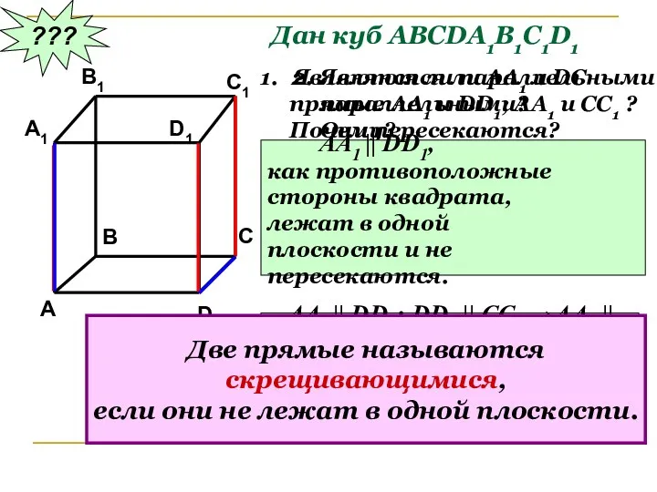 ??? Дан куб АВСDA1B1C1D1 Являются ли параллельными прямые АА1 и