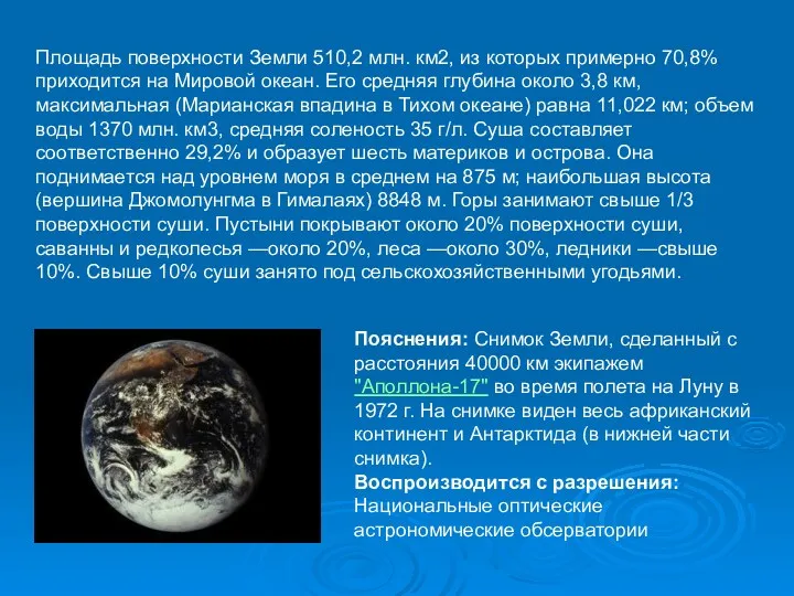 Площадь поверхности Земли 510,2 млн. км2, из которых примерно 70,8%