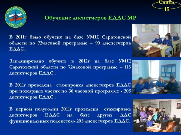 Обучение диспетчеров ЕДДС МР Слайд 15 В 2011г было обучено