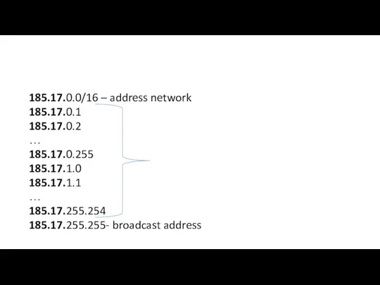 185.17.0.0/16 – address network 185.17.0.1 185.17.0.2 … 185.17.0.255 185.17.1.0 185.17.1.1 … 185.17.255.254 185.17.255.255- broadcast address