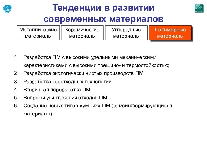 Тенденции в развитии современных материалов Металлические материалы Керамические материалы Углеродные