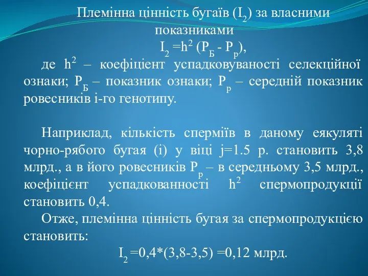 Племінна цінність бугаїв (I2) за власними показниками I2 =h2 (PБ