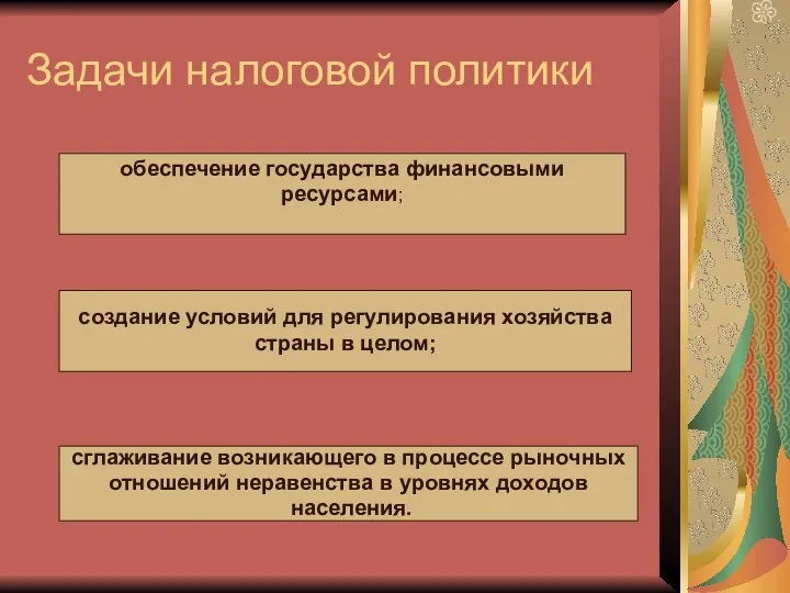 Задачи налоговой политики обеспечение государства финансовыми ресурсами; создание условий для регулирования хозяйства страны