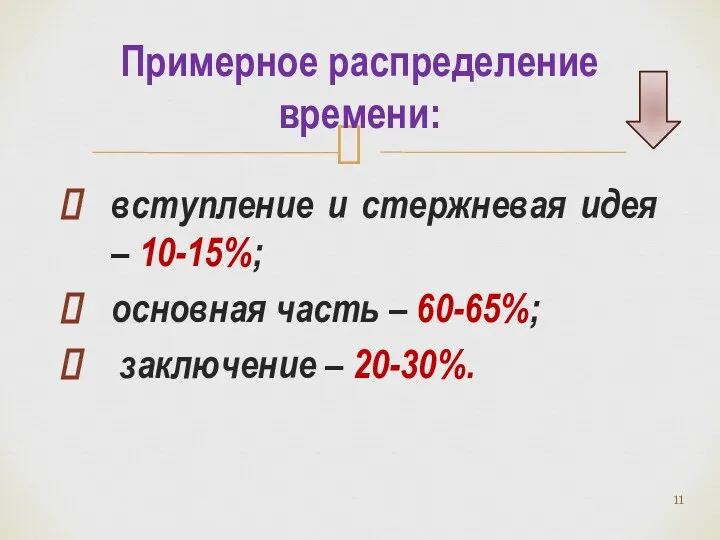 вступление и стержневая идея – 10-15%; основная часть – 60-65%; заключение – 20-30%. Примерное распределение времени: