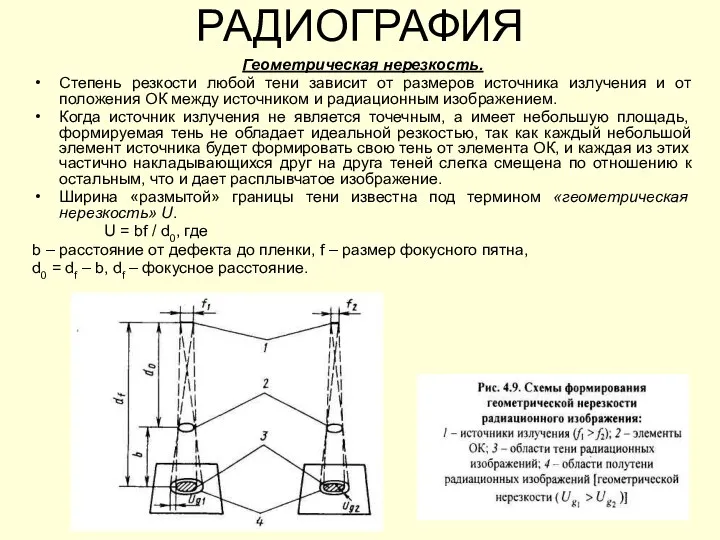 РАДИОГРАФИЯ Геометрическая нерезкость. Степень резкости любой тени зависит от размеров