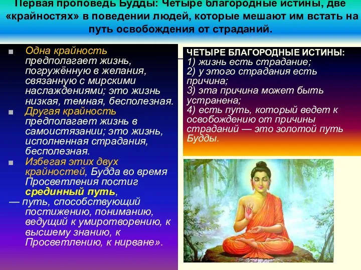 Первая проповедь Будды: Четыре благородные истины, две «крайностях» в поведении людей, которые мешают