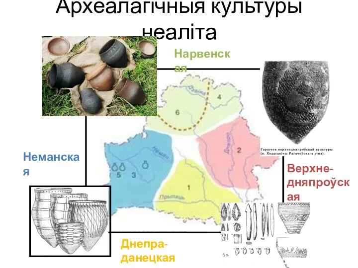 Археалагічныя культуры неаліта Нарвенская Верхне- дняпроўская Днепра-данецкая Неманская