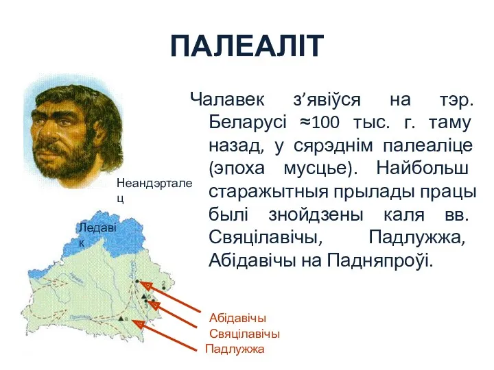 ПАЛЕАЛІТ Чалавек з’явіўся на тэр. Беларусі ≈100 тыс. г. таму