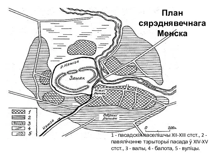 1 - пасадскія паселішчы XII-XIII стст., 2 - павялічэнне тэрыторыі