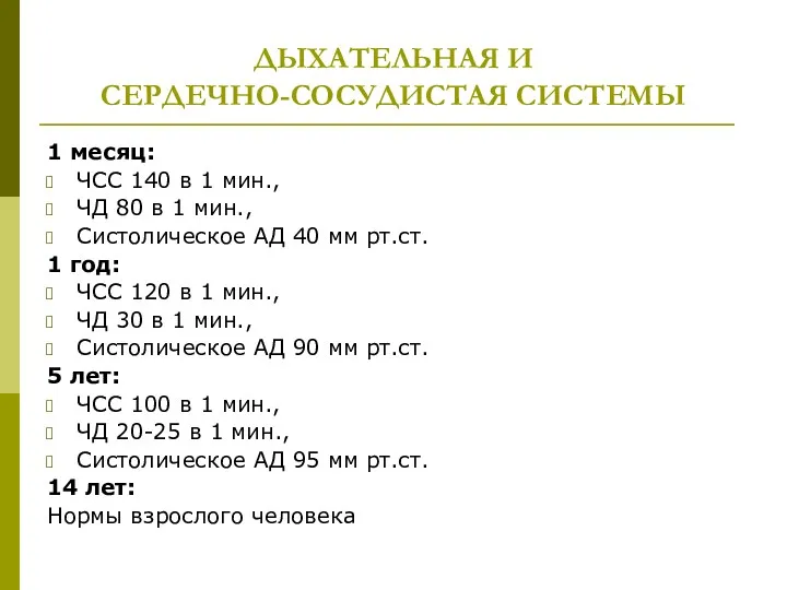 ДЫХАТЕЛЬНАЯ И СЕРДЕЧНО-СОСУДИСТАЯ СИСТЕМЫ 1 месяц: ЧСС 140 в 1