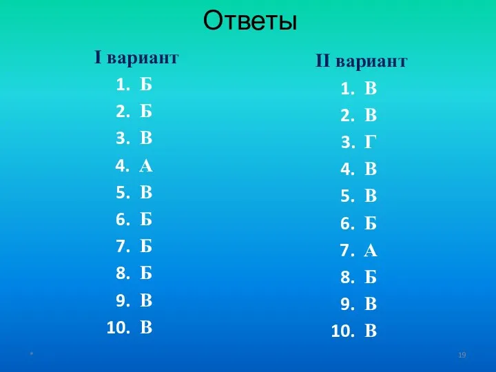 Ответы I вариант Б Б В А В Б Б