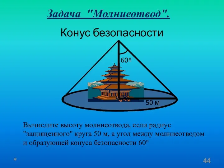 Конус безопасности 50 м 60º Задача "Молниеотвод". Вычислите высоту молниеотвода,