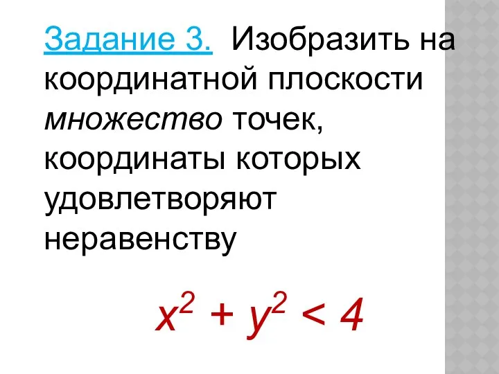 Задание 3. Изобразить на координатной плоскости множество точек, координаты которых удовлетворяют неравенству х2 + y2